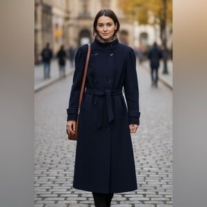 Vintage Wool Cashmere Long Coat Overcoat Maxi Longline Belted Navy Blue Size 12